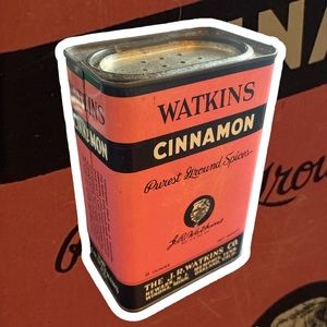 Vintage Watkins Cinnamon Purest Ground Spice Pink and Black Tin | circa 1940s